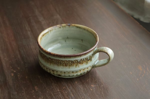 画像1: 竹筒スープマグ　緑灰釉　鉄　/　福井一伯 (1)